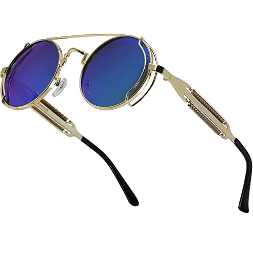 XFentech Vintage Ovale Sonnenbrille - Retro Sonnenbrille Steampunk Stil Runde Metallrahmen Polarisiert Brille für Herren Damen, B1 Goldrahmen - Grüne Linsen von XFentech