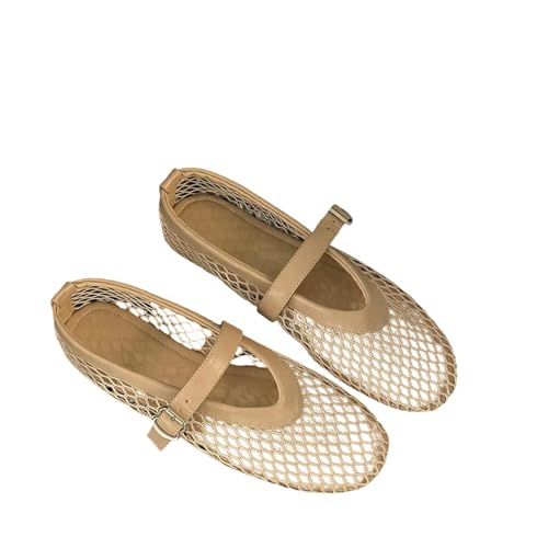 XGMTHBDD sandalen damen Im Sommer, Tragen Runde Zehe, Gerade Schnallen, Lässig Und Bequem, Frauen Flaches, Cut-out Mary Jane Einzelschuhe, Fishnet Schuhe-aprikose-43 von XGMTHBDD