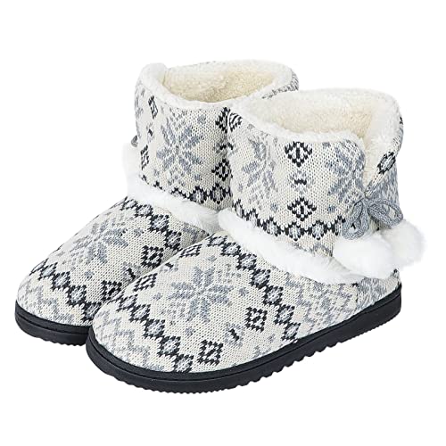 Hausschuhe Winter Gestrickte Strickpantoffeln rutschfest Verdickt Hüttenschuhe Retro Filzpantoffel Damen Mädchen Homeboots mit Bommel Baumwolle Hüttenstiefel Warm Weich Hausstiefel Outdoor Indoor von XGOPTS