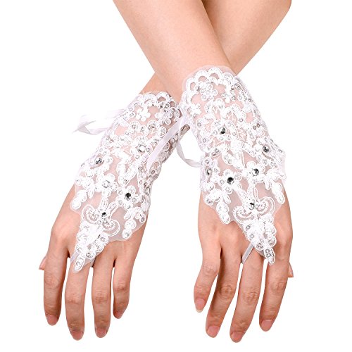 Spitzenhandschuhe Damen Mädchen Handschuhe Hochzeit Fingerlose Brauthandschuhe Spitze Elegant Abendhandschuhe Lang Kurz Fäustlinge Vintage Gestickt HochzeitAccessoires Abschlussball Cosplay (Kurzweiß) von XGOPTS