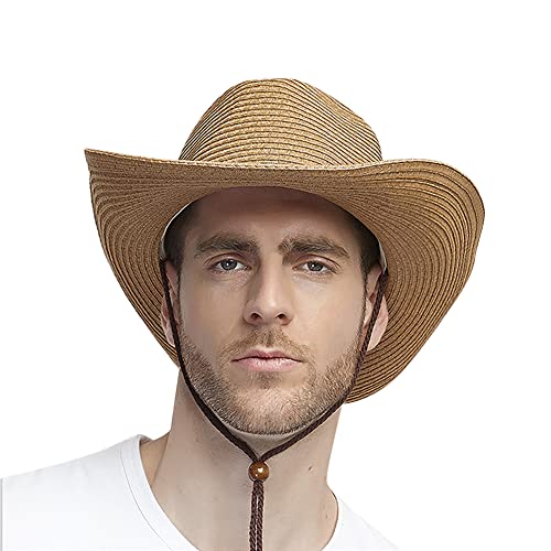 XGOPTS Herren Strohhut Cowboy Sommer Cowboyhat Große Krempe Sonnenhut Männer Junge Sommerhut Atmungsaktiv Herrenhut Modisch Trilby Hut Outdoor Partyhut Klassisch Strohhut Fasching Reise von XGOPTS