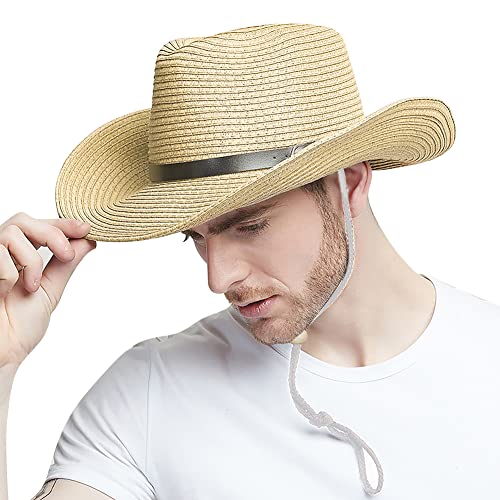 XGOPTS Herren Strohhut Cowboy Sommer Cowboyhat Große Krempe Sonnenhut Männer Junge Sommerhut Atmungsaktiv Herrenhut Modisch Trilby Hut Outdoor Partyhut Klassisch Strohhut Fasching Reise von XGOPTS