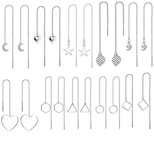 XHBTS 10 Paar Threader Ohrringe Set für Frauen - Lange Kettenohrringe Heart Star Moon Leichte Drop Dangle Chain Quaste Ohrringe Minimalistische Kettenohrringe Set mit Minituch von XHBTS