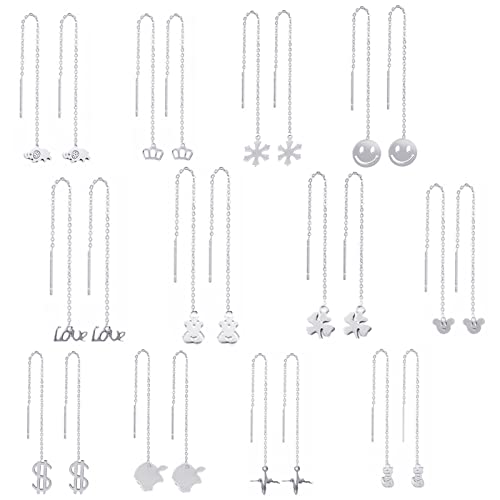 XHBTS 12 Paar Einfädler Ohrringe Set für Frauen-Lange Kettenohrringe Smiley Krone Schneeflocke Liebestropfen Baumeln Kette Quaste Ohrringe Minimalistische Kettenohrringe Set mit Mini Tuch von XHBTS