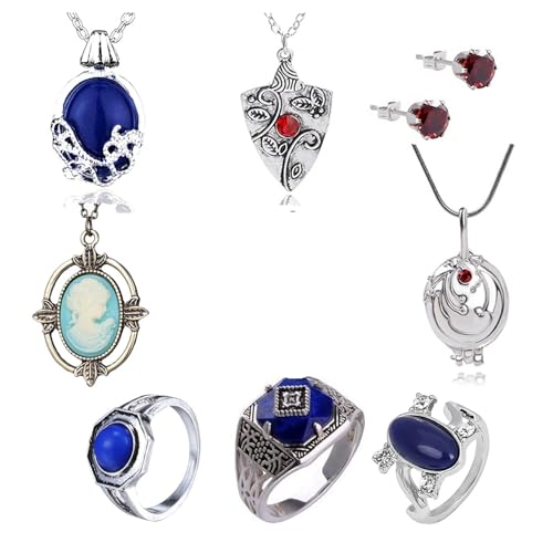 XHBTS 19 Set Ersetzen Sie The Vampire Diaries Daywalking Katherine Sapphire Crystal Anhänger Halsketten Ring Ohrringe und 10 Vampire Diaries Aufkleber Film Schmuck Set Cosplay Für Fans von XHBTS