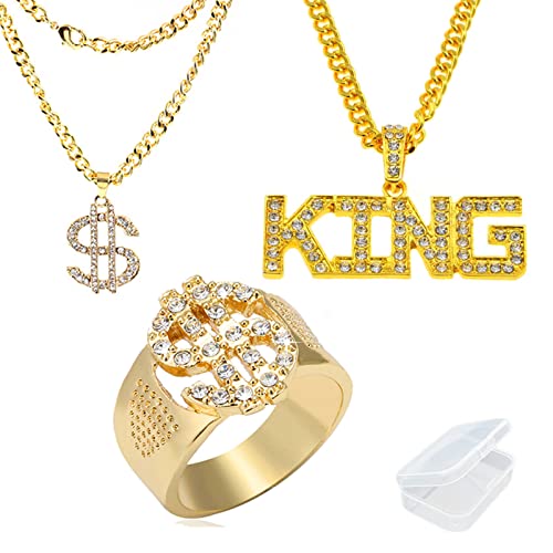 XHBTS 3 Stück Herren vergoldet Hip Hop Cz Inlay Dollarzeichen Ringe und Anhänger Halskette und KÖNIG Zeichen Anhänger Halskette von XHBTS
