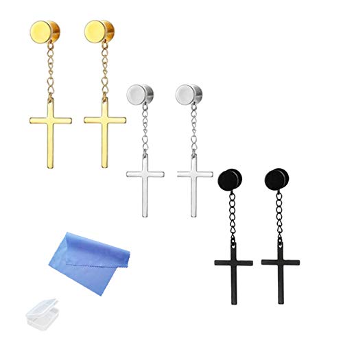 XHBTS 6 Stück baumeln Kreuz Ohrringe Edelstahl für Männer Frauen Schwarz Silber Gold für Frauen Männer mit Mini-Stoff und Mini-Box von XHBTS