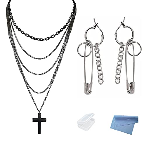 XHBTS Multilayer Gothic Retro 80er Jahre Schwarz Langkettige Kreuz Halskette und Edelstahl Coole Punk Pin Ohrringe für Männer Frauen Teen mit Mini Stoff und Mini Box von XHBTS