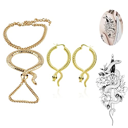 XHBTS Schlange Tattoo Sticker & Schlangenohrringe, Verstellbarer Fingerring mit goldener Schlange & Sklavenhandkettenarmband - Einheitsgröße - Gothic Schmuckset für Frauen, Mädchen & Teenager von XHBTS