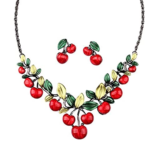 XHBTS Süße Fruchtkirsche Ohrringe Halskette Set für Frauen Tropfendes Öl Rote Kirsche Creolen Kirsche Anhänger Halskette für Mädchen von XHBTS