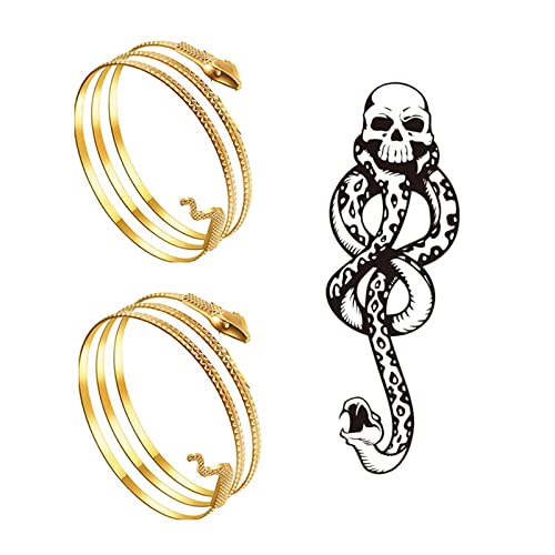 XHBTS Temporäre Schlangen-Tattoos und 2er-Pack Gewickelt Schlange Spiralfoermig Oberarm Stulpe Armband Armreif Gold Ägyptisches Kostümzubehör für Damen von XHBTS