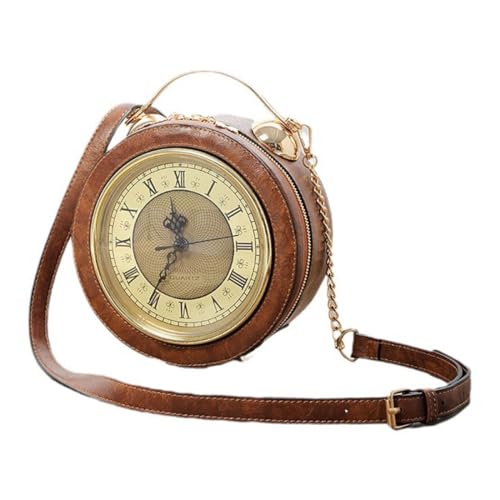 Umhängetasche mit echter funktionierender Uhr Handtasche für Damen Pu-Leder Retro Vintage Steampunk Stil Umhängetasche für Frauen und Mädchen (Brown) von XHJL