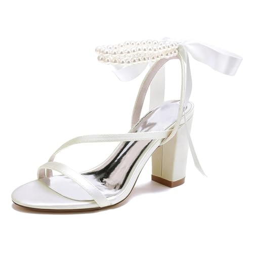 Brautschuhe Damen Offener Zeh Blockabsatz Sandalen mit Perle Band Krawatte 8.5cm Absatz Riemchensandalen Schuhe,Elfenbein,42 EU Brautschuhe Damen Offener Zeh Blockabsatz Sandalen mit Perle Band Krawatte 8.5cm Absatz Riemchensandalen Schuhe,Elfenbein,42 EU von XHLZAAUE