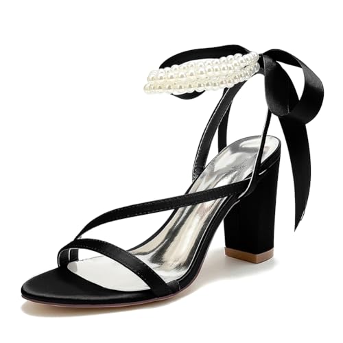 Brautschuhe Damen Offener Zeh Blockabsatz Sandalen mit Perle Band Krawatte 8.5cm Absatz Riemchensandalen Schuhe,Schwarz,36 EU Brautschuhe Damen Offener Zeh Blockabsatz Sandalen mit Perle Band Krawatte 8.5cm Absatz Riemchensandalen Schuhe,Schwarz,36 EU von XHLZAAUE