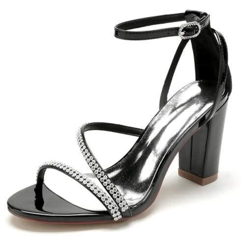 Damen Brautschuhe Moden Lackleder Offener Zeh Strass Riemchen Sandalen 8.5CM Blockabsatz,Schwarz,36 EU Damen Brautschuhe Moden Lackleder Offener Zeh Strass Riemchen Sandalen 8.5CM Blockabsatz,Schwarz,36 EU von XHLZAAUE