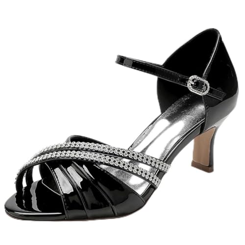 Damen Lackleder Mode Sandalen Peep Zehen Knöchelriemen Kätzchenabsatz Absatzschuhe mit Strass,Schwarz,38 EU Damen Lackleder Mode Sandalen Peep Zehen Knöchelriemen Kätzchenabsatz Absatzschuhe mit Strass,Schwarz,38 EU von XHLZAAUE