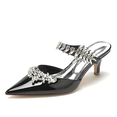 Damen Mule Sandalen mit Strass Knöchelriemen Spitzschuh Kätzchenabsatz Kleid Hochzeit Brautschuhe,Schwarz,42 EU Damen Mule Sandalen mit Strass Knöchelriemen Spitzschuh Kätzchenabsatz Kleid Hochzeit Brautschuhe,Schwarz,42 EU von XHLZAAUE
