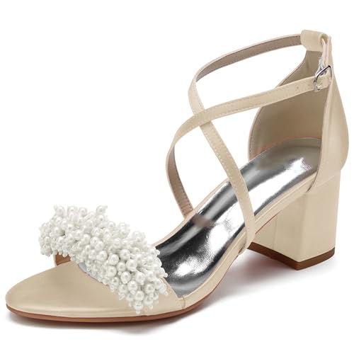 Sandalen Damen Kreuz Riemchen Blockabsatz Pumpen Offener Zeh Hochzeit Brautschuhe mit Perle,Champagne,38 EU von XHLZAAUE