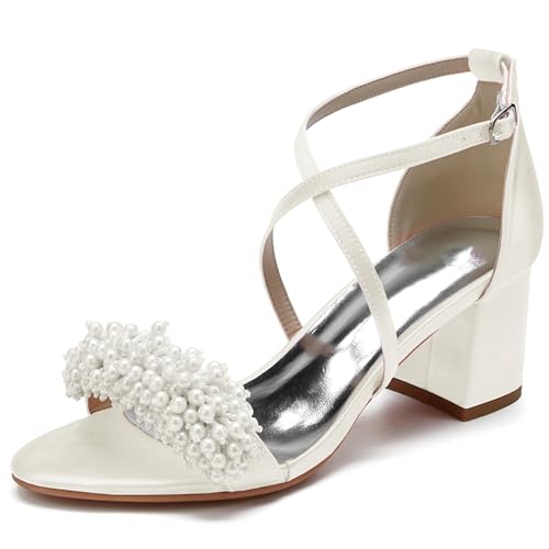 Sandalen Damen Kreuz Riemchen Blockabsatz Pumpen Offener Zeh Hochzeit Brautschuhe mit Perle,Elfenbein,38 EU von XHLZAAUE