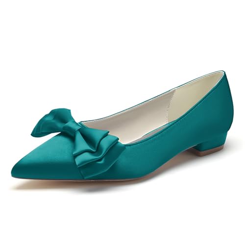 XHLZAAUE Brautschuhe Damen Geschlossene Ballerinas Slip auf Halbschuhe Satin Flache Schuhe mit Fliege,Teal,39 EU von XHLZAAUE
