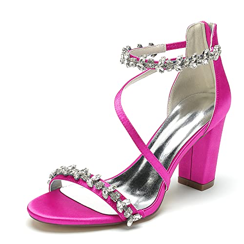 XHLZAAUE Brautschuhe Damen Offener Zeh Strass Knöchelriemen Blockabsatz Hochzeit Kleid Abendschuhe Mit Reißverschluss,Fuchsia,39 EU von XHLZAAUE