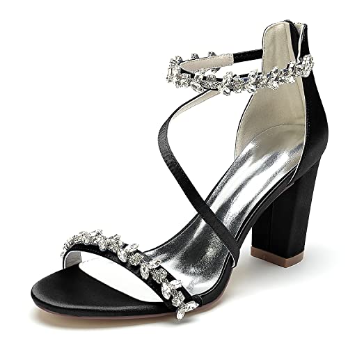 XHLZAAUE Brautschuhe Damen Offener Zeh Strass Knöchelriemen Blockabsatz Hochzeit Kleid Abendschuhe Mit Reißverschluss,Schwarz,37 EU von XHLZAAUE
