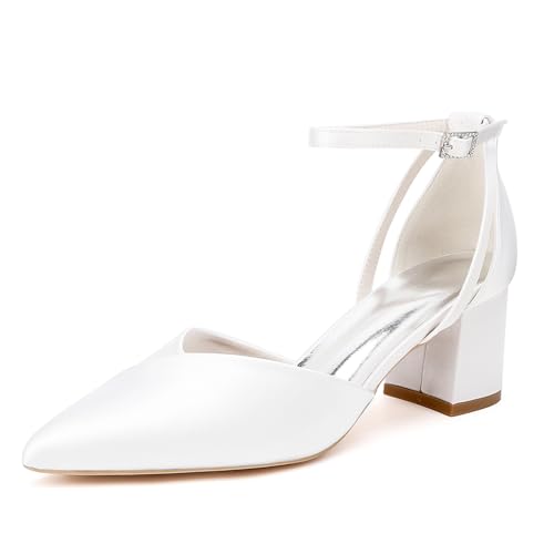 XHLZAAUE Brautschuhe Damen Spitze Zehen Knöchelriemen Spangenpumps Blockabsatz 6CM,Weiß,39 EU von XHLZAAUE