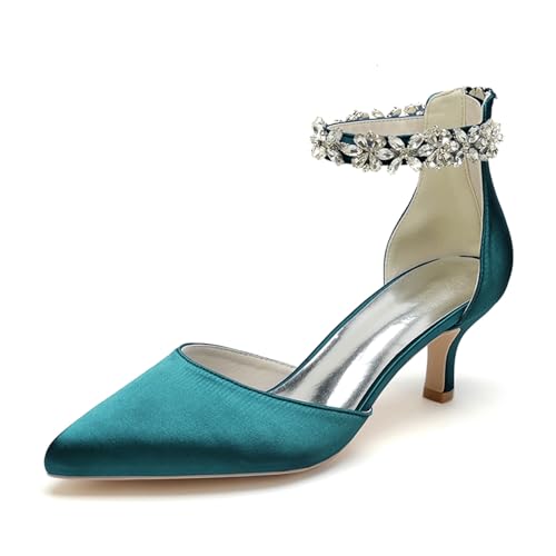 XHLZAAUE Brautschuhe Damen Strass Knöchelriemen Kätzchenabsatz Geschlossene Zehen Pumpen mit Reißverschluss,Teal,39 EU von XHLZAAUE