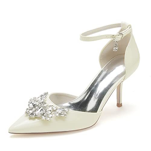 XHLZAAUE Damen Knöchelriemen Spitze Zehen Stöckel Absatz Lackleder Partei Abendschuhe mit Strass,Beige,43 EU von XHLZAAUE