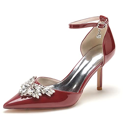 XHLZAAUE Damen Knöchelriemen Spitze Zehen Stöckel Absatz Lackleder Partei Abendschuhe mit Strass,Burgundy,38 EU von XHLZAAUE