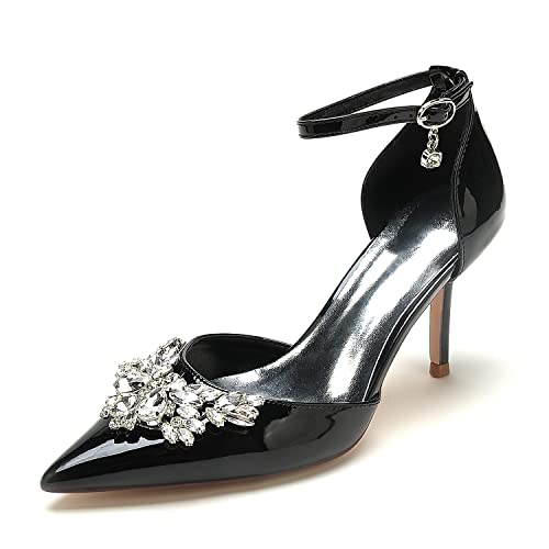 XHLZAAUE Damen Knöchelriemen Spitze Zehen Stöckel Absatz Lackleder Partei Abendschuhe mit Strass,Schwarz,40 EU von XHLZAAUE
