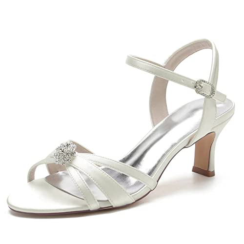 XHLZAAUE Damen Offener Zehen Satin Knöchelriemen Komfort Absatz Hochzeitsschuhe Brautschuhe mit Strass,Elfenbein,39 EU von XHLZAAUE