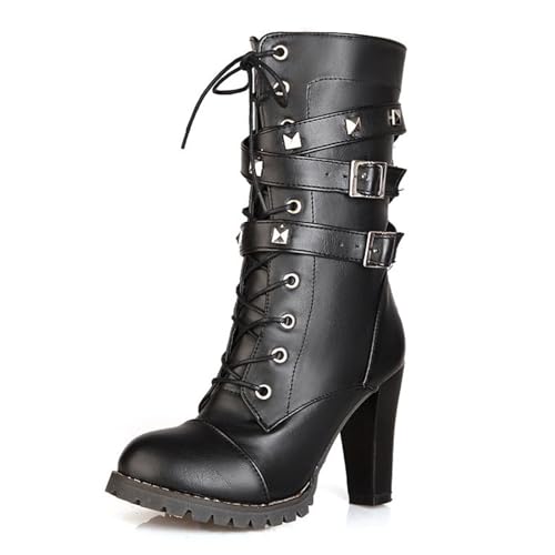 XHLZAAUE Damen Schnürstiefeletten Mode Absatzschuhe Runder Zehen Springerstiefel mit Reißverschluss und Schnallenriemen,Schwarz,45 EU von XHLZAAUE