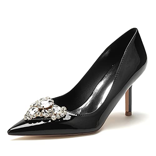XHLZAAUE Damen Spitzschuh Stöckel Absatz Slip Auf Lackleder Hochzeit Brautjungfernschuhe Mit Strass,Schwarz,41 EU von XHLZAAUE