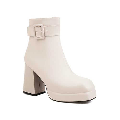 XHLZAAUE Damen Stiefeletten Quadratische Zehe Blockabsatz Chelsea Kurze Stiefel Con Reißverschluss und Schnalle,Beige,44 EU von XHLZAAUE