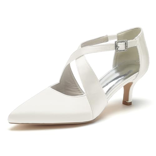 XHLZAAUE Elfenbein Hochzeitsschuhe Brautschuhe Damen Kreuz Riemchen Kätzchenabsatz Pumpen Abendschuhe,Elfenbein,38 EU von XHLZAAUE