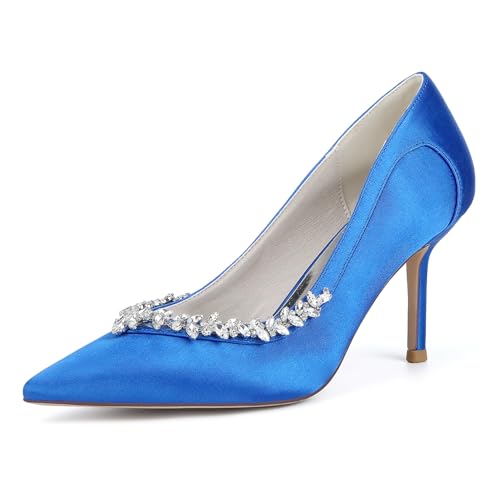 XHLZAAUE Weiß Hochzeitsschuhe Damen Spitzschuh 8.5CM Stöckel Absatz Partei Abendschuhe mit Strass,Blau,43 EU von XHLZAAUE