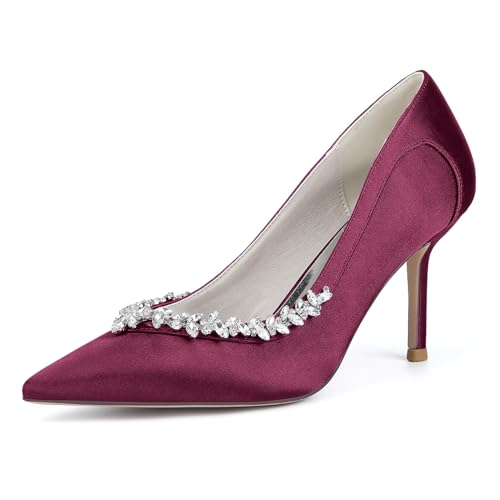XHLZAAUE Weiß Hochzeitsschuhe Damen Spitzschuh 8.5CM Stöckel Absatz Partei Abendschuhe mit Strass,Burgundy,39 EU von XHLZAAUE