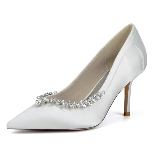 XHLZAAUE Weiß Hochzeitsschuhe Damen Spitzschuh 8.5CM Stöckel Absatz Partei Abendschuhe mit Strass,Elfenbein,41 EU von XHLZAAUE