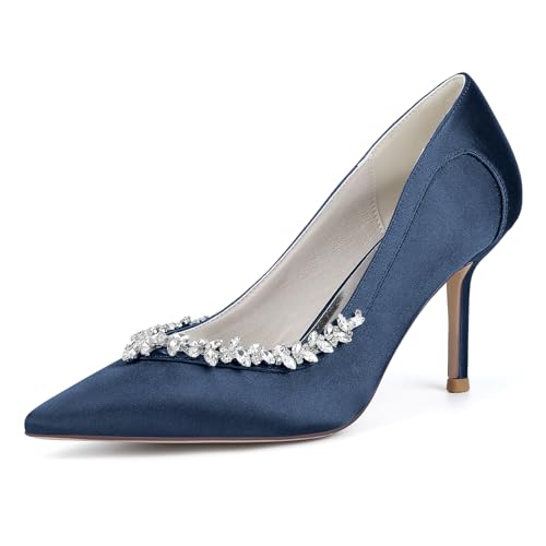 XHLZAAUE Weiß Hochzeitsschuhe Damen Spitzschuh 8.5CM Stöckel Absatz Partei Abendschuhe mit Strass,Marine,38 EU von XHLZAAUE