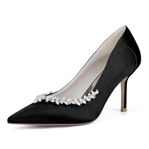 XHLZAAUE Weiß Hochzeitsschuhe Damen Spitzschuh 8.5CM Stöckel Absatz Partei Abendschuhe mit Strass,Schwarz,38 EU von XHLZAAUE