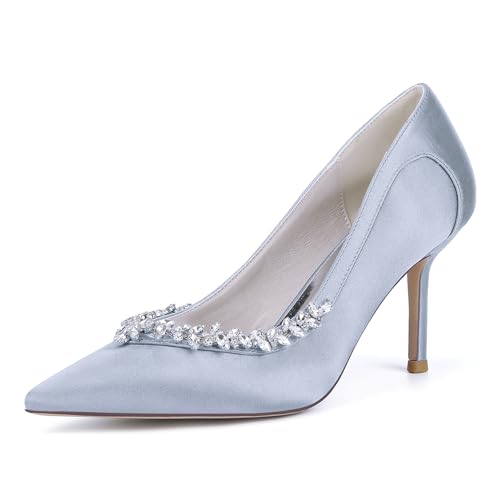 XHLZAAUE Weiß Hochzeitsschuhe Damen Spitzschuh 8.5CM Stöckel Absatz Partei Abendschuhe mit Strass,Silber,42 EU von XHLZAAUE