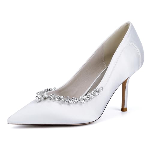XHLZAAUE Weiß Hochzeitsschuhe Damen Spitzschuh 8.5CM Stöckel Absatz Partei Abendschuhe mit Strass,Weiß,42 EU von XHLZAAUE