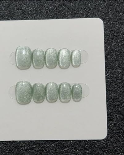 10 Stück handgefertigte Katzenaugen-Pressnägel, selbstklebend, kurze künstliche Nägel, grüne Spitzen, Glitzer, for den täglichen Gebrauch, Damen, künstliche Nägel, Maniküre-Kunst-Set(S) von XHONGDOFC