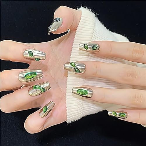10 Stück handgefertigte künstliche Nägel for Aufdrücken im französischen Edelsteindesign, tragbar, vollständige Abdeckung, for Damen, grüne, mit Kristallen verzierte künstliche Nagelspitzen(L) von XHONGDOFC