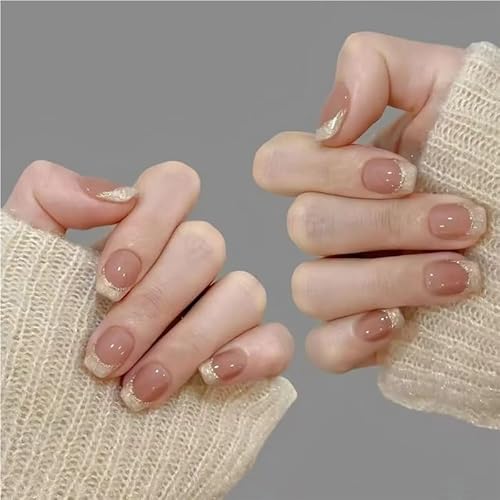 Handgefertigte Press-On-Nägel, Goldfaden, French Shell, vollständige Abdeckung, Nagelflicken for Frauen und Mädchen, kurze, abnehmbare, tragbare Nägel(L) von XHONGDOFC