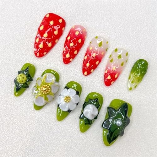 Handgemachte Kunstnägel, Erdbeerblüten-Relief-Serie, Aufdrück-Kunstnägel, Damen-Accessoires(S) von XHONGDOFC