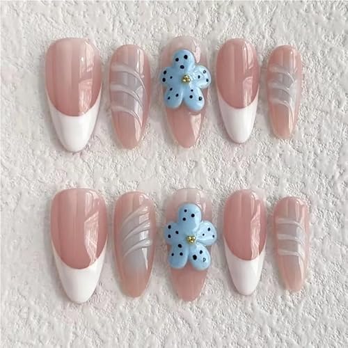 Handgemachte blaue Carving-Stil glänzende Nail Art Relief Serie 3D falsche Nagel Patch Nägel mittellange mandelförmige Nägel(XS) von XHONGDOFC