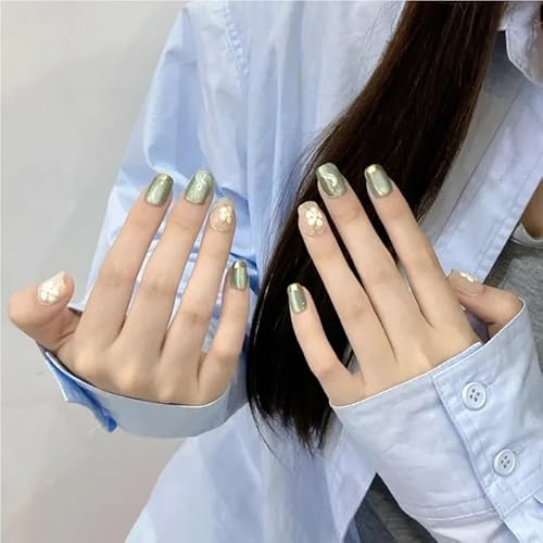 Handgemachte cyanfarbene Sommer-Aufdrücknägel mit Werkzeugen, Mädchen-Falschnägel, koreanischer Stil, künstlich, kurz, wiederverwendbar, Damen-Falschnägel-Set(L) von XHONGDOFC