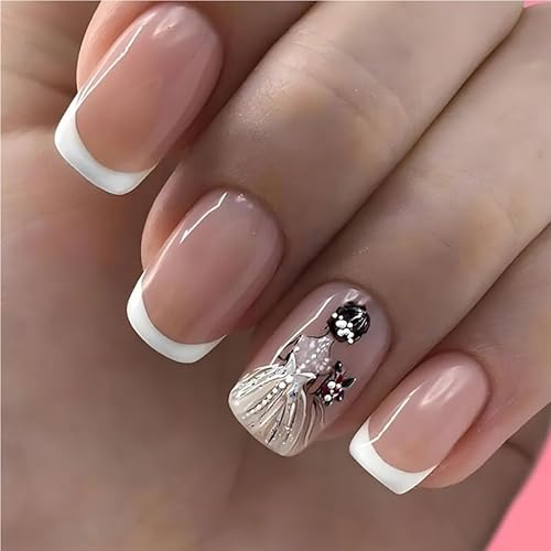 Kurze quadratische Kunstnägel for Damen, süße Braut-Imitationsnägel in Herzform, weiße French-Tip-Nagel-Imitation, aufklebbare Kunstnägel(7,M) von XHONGDOFC